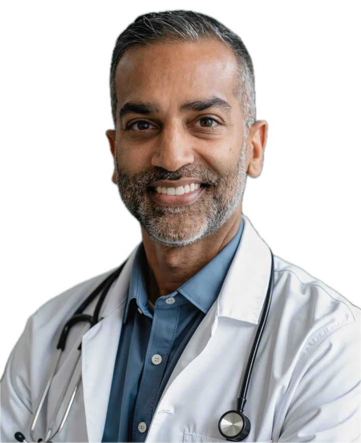 Nilesh Desai, M.D., in a white coat with a stethoscope